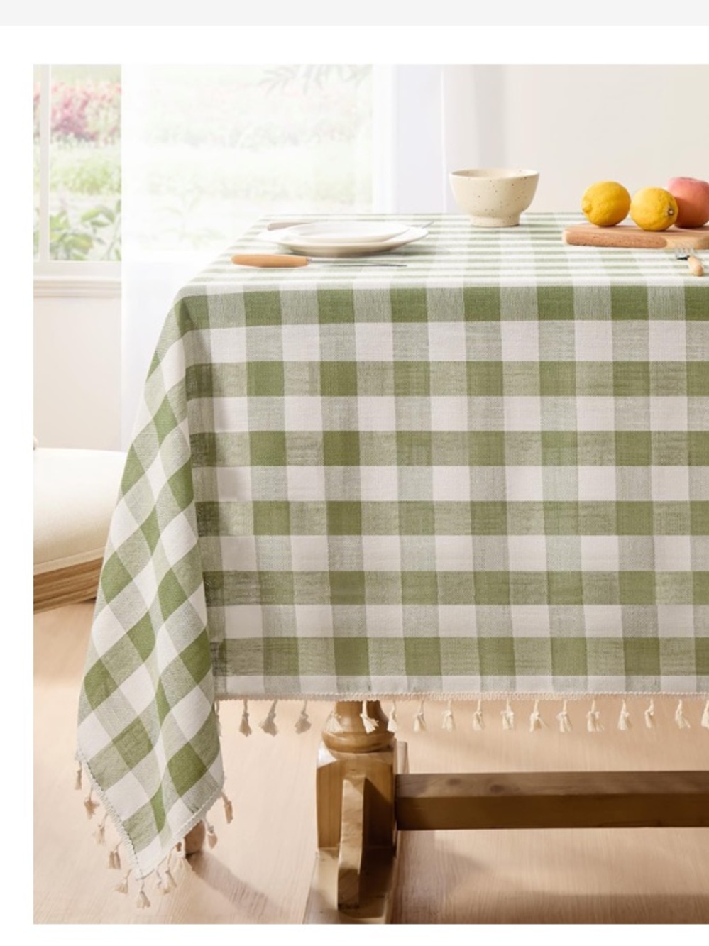 Farmhouse Gingham Cotton Tablecloth Tassel Trim Rectangular 55x84” SAGE GREEN